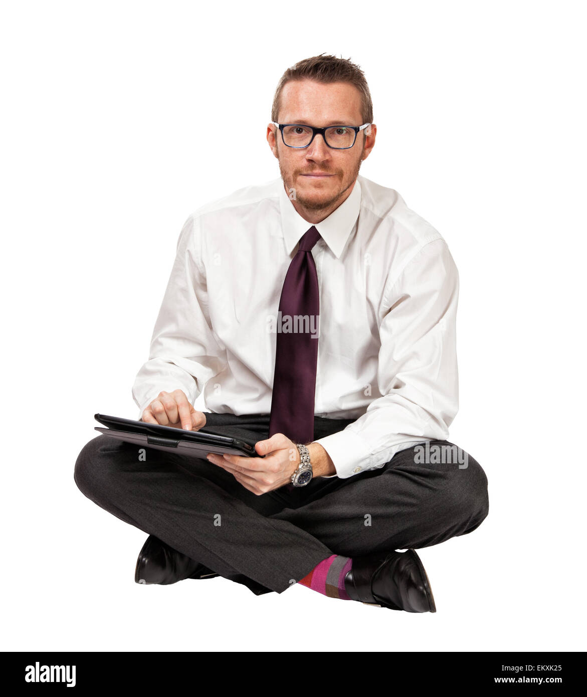 Man with tablet isolé sur fond blanc Banque D'Images