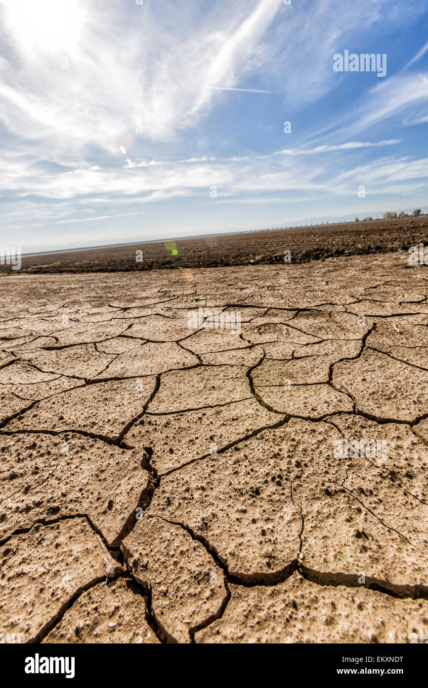 La terre sèche et craquelée à côté du champ de culture de jachère. Le comté de Fresno, San Joaquin Valley, Californie, USA Banque D'Images La terre sèche et craquelée à côté du champ de culture de jachère. Le comté de Fresno, San Joaquin Valley, Californie, USA Banque D'Images