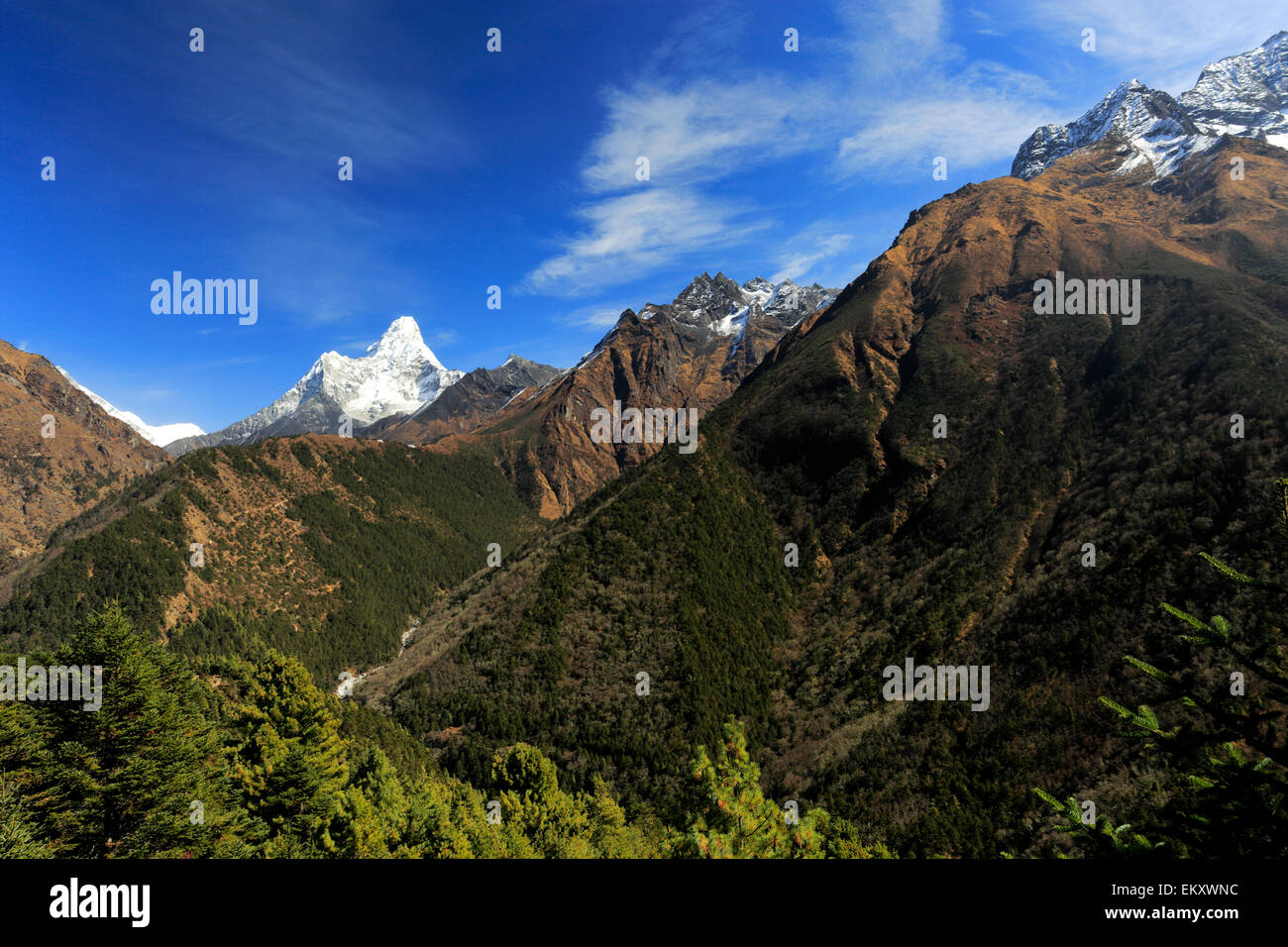 L'Ama Dablam enneigés des montagnes, sur le camp de base de l'Everest trek, Site du patrimoine mondial de l'UNESCO, le parc national de Sagarmatha, Solu-Khumb Banque D'Images