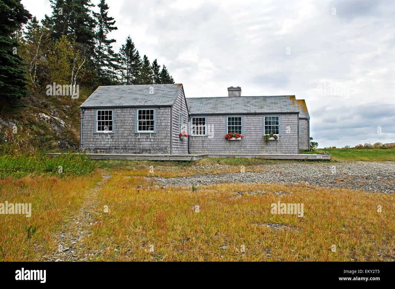 Un cottage de bardeaux donne sur une plage de galets à marée basse sur Mount Desert Island, dans le Maine. Banque D'Images