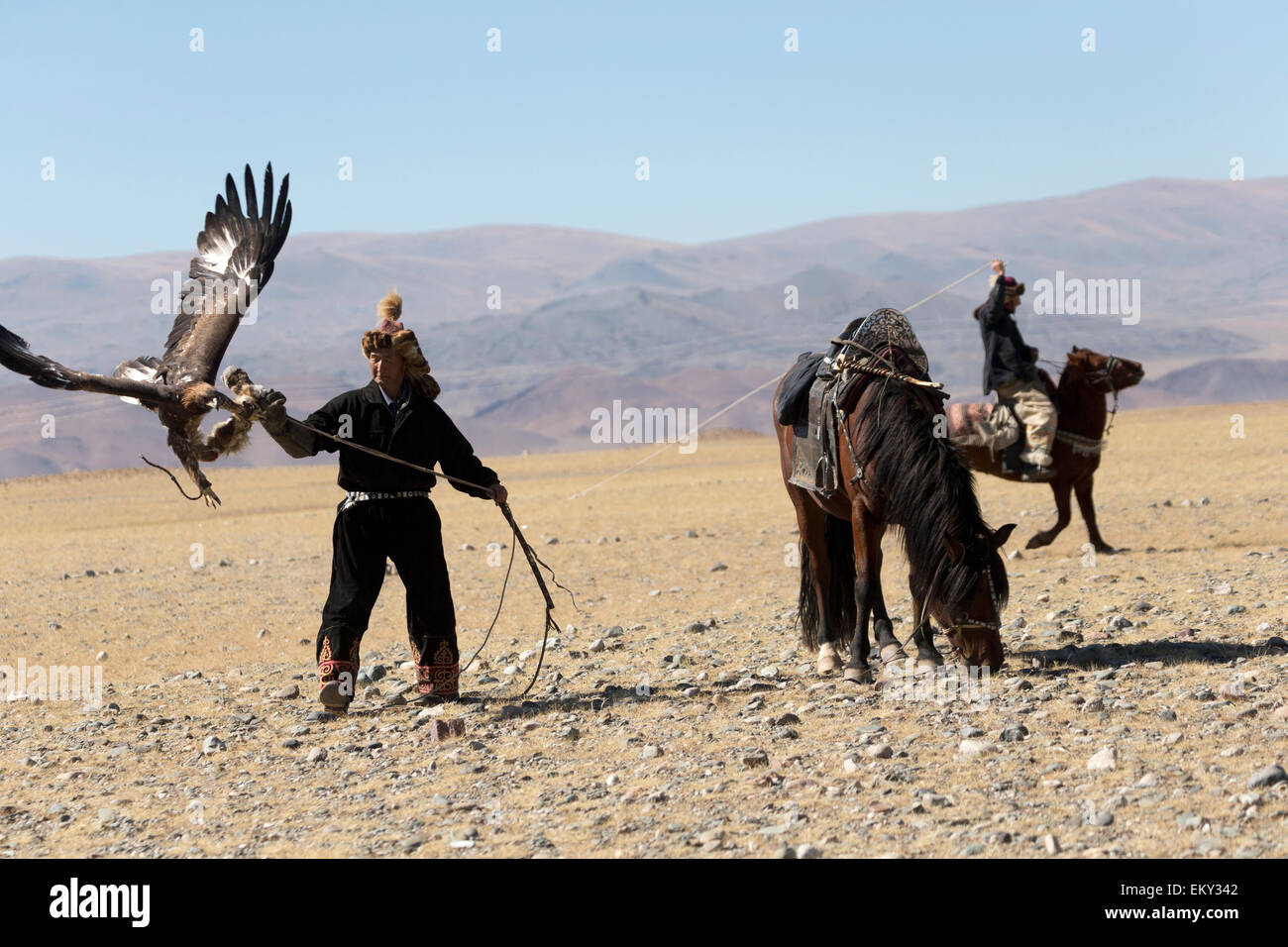 La Mongolie cheval tradition festival chasseurs Eagle Banque D'Images