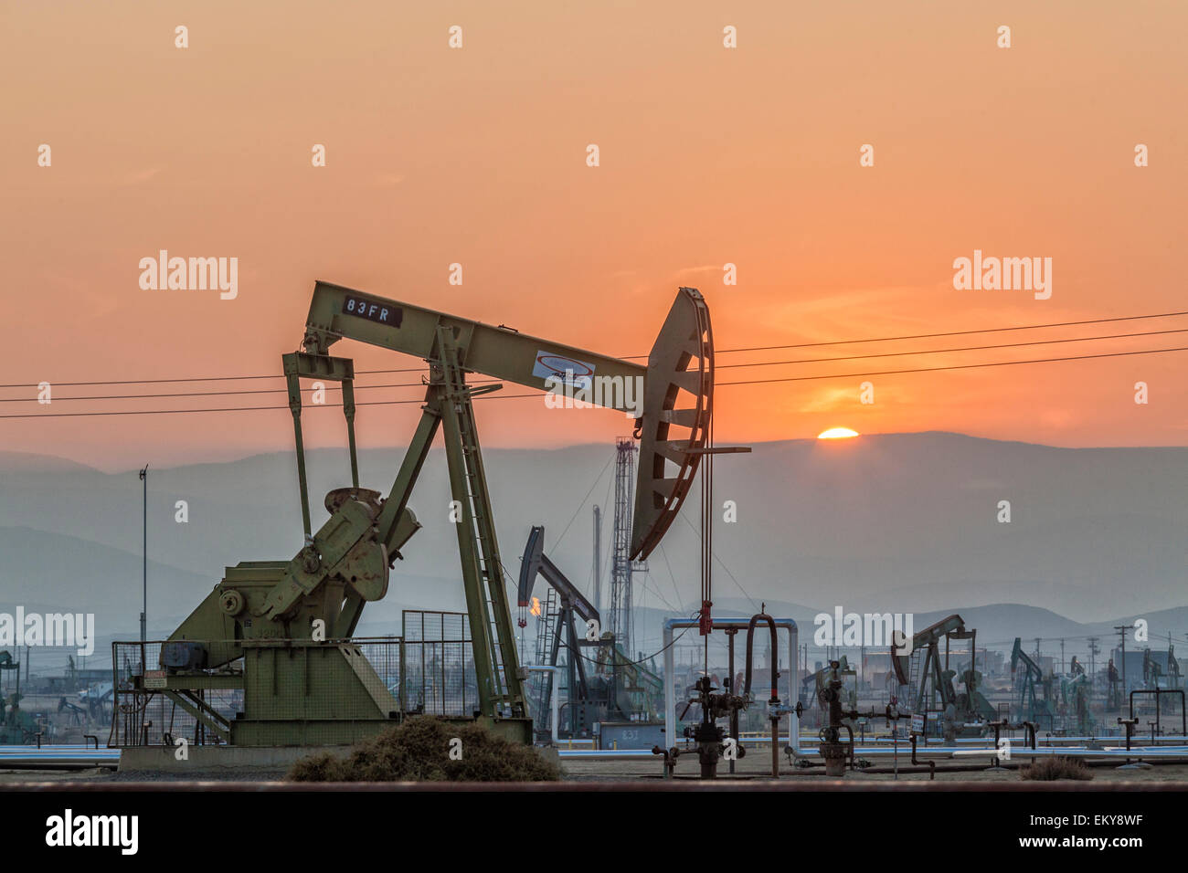 Chevalets à l'Belridge champ pétrolier et la fracturation hydraulique qui est le quatrième plus grand champ de pétrole en Californie. Comté de Kern Banque D'Images