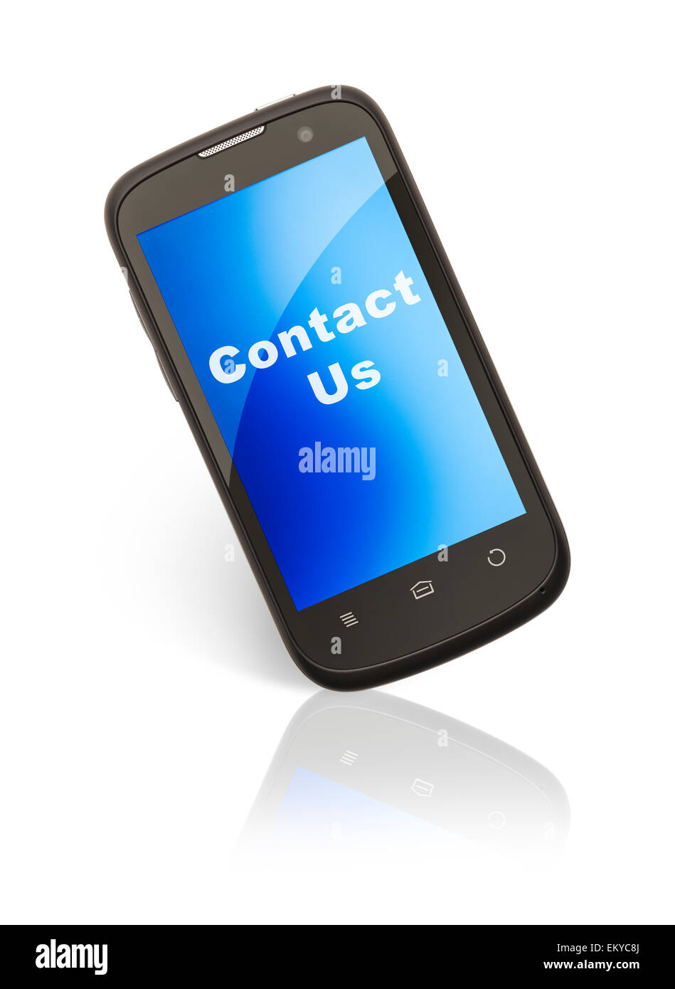 Smart Téléphone cellulaire avec nous contacter isolé sur fond blanc. Banque D'Images
