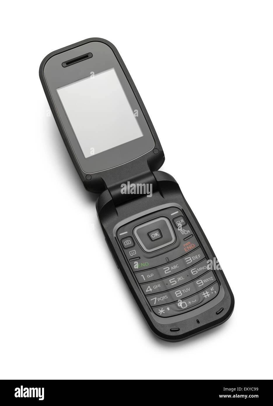 Téléphone cellulaire Flip noir ouvert isolé sur un fond blanc. Banque D'Images
