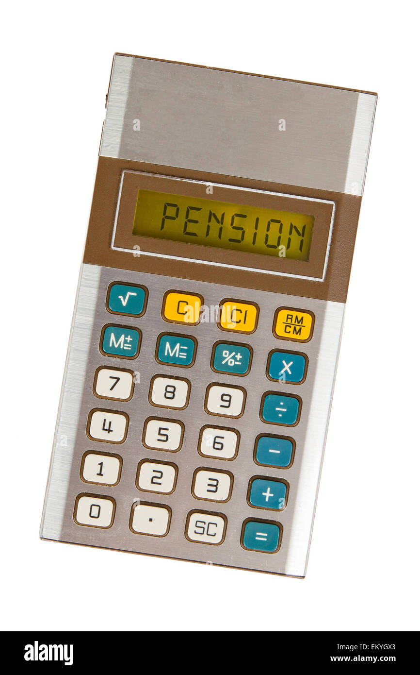 Vieille calculatrice montrant un texte sur l'affichage - pension Banque D'Images