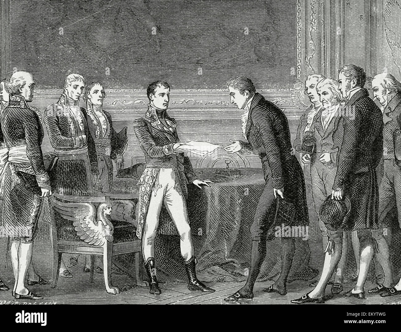 Napoléon Bonaparte (1769-1821). Consulat de France (Coup d'état de Brumaire 1799 -1804). Premier consul livrés à la Swiss ministres les minutes de méditation. La gravure. Banque D'Images