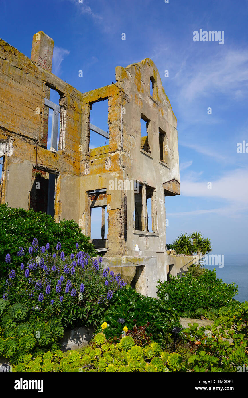 Les gardes abandonnés maison avec des plantes vertes sur l'île d'Alcatraz à San Francisco. Banque D'Images