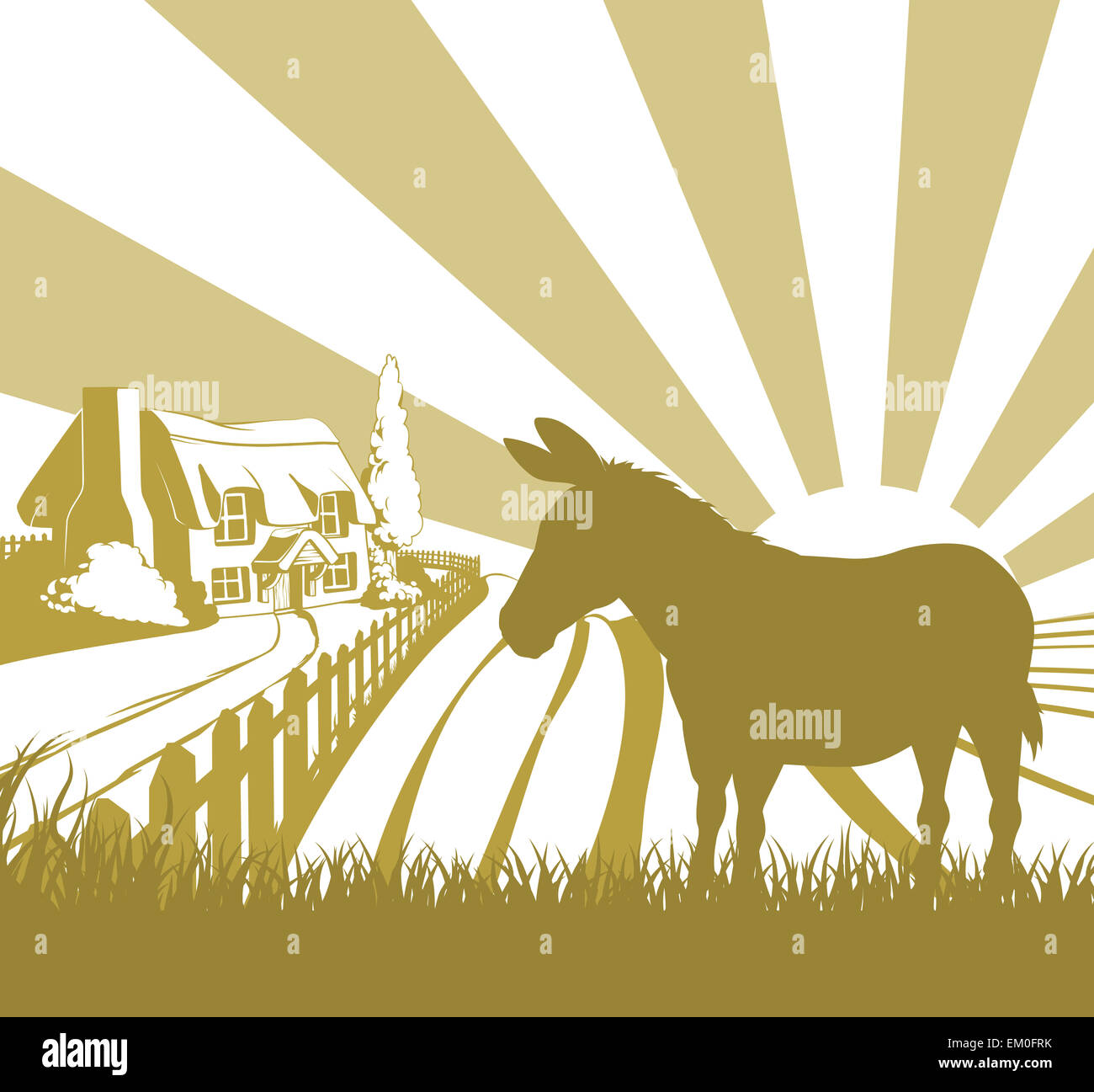 Une illustration d'une maison de ferme chaumière dans un paysage idyllique de collines avec un âne en silhouette debout je Banque D'Images