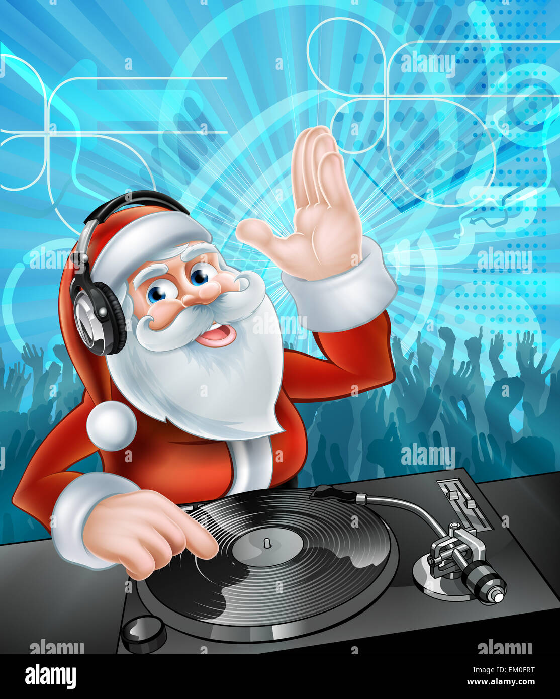 Cartoon Noël père DJ avec le casque sur le compte rendu, ponts avec partie foule dansant dans l'arrière-plan Banque D'Images