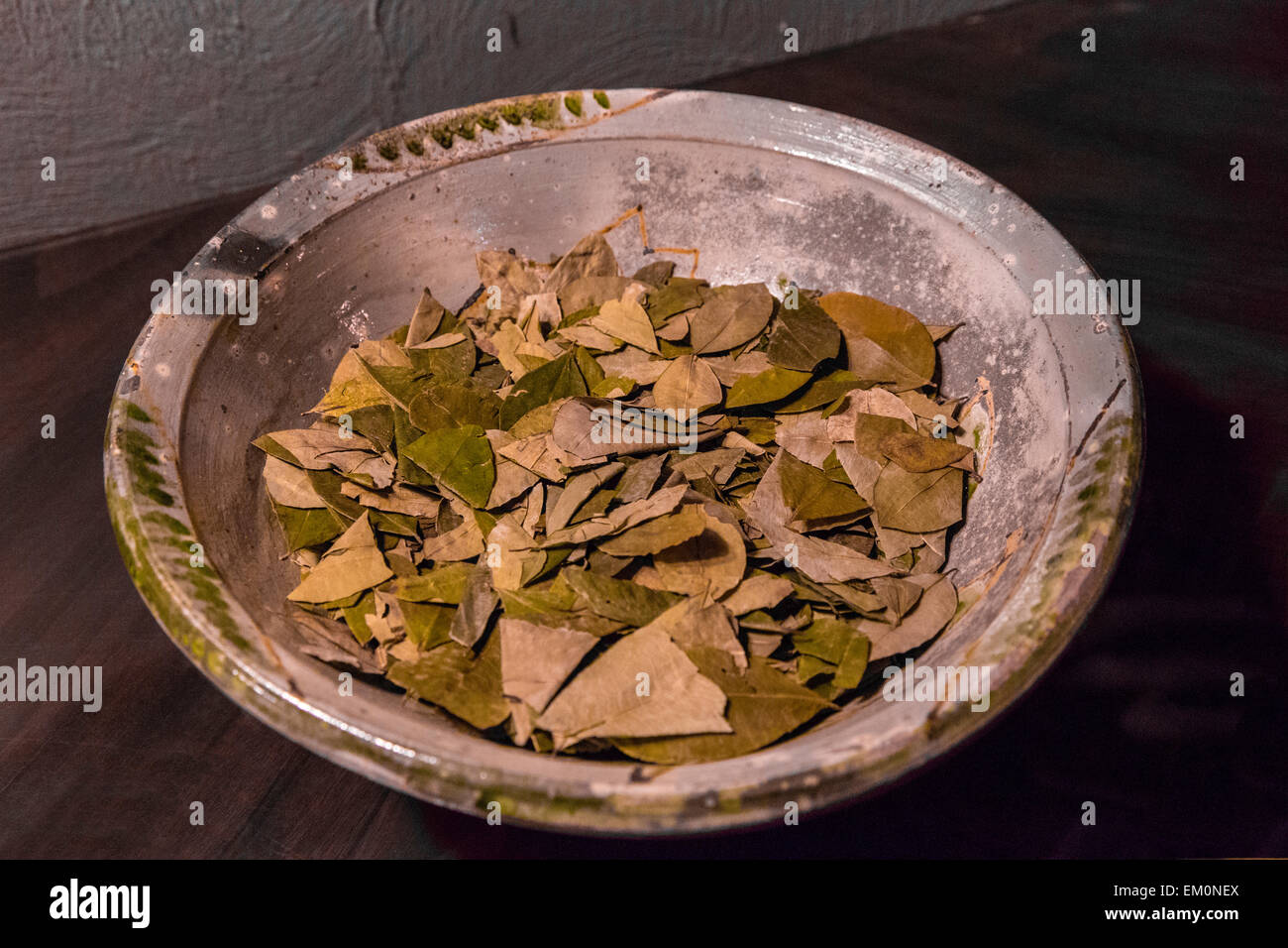 Pérou, Cusco. Bol de feuilles de coca. Le thé de coca permet de réduire les effets de Cuzco 11 000 pieds d'altitude. Banque D'Images Pérou, Cusco. Bol de feuilles de coca. Le thé de coca permet de réduire les effets de Cuzco 11 000 pieds d'altitude. Banque D'Images
