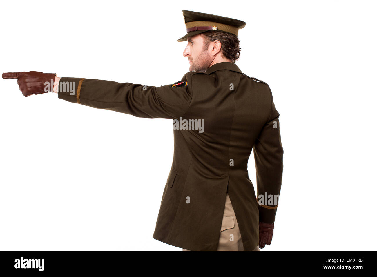 Soldat américain du doigt quelque chose Banque D'Images