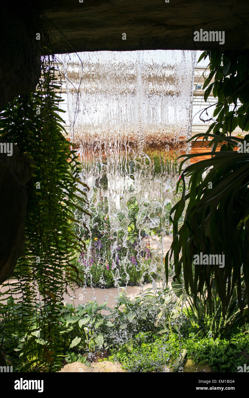 Derrière la chute dans la serre à RHS Wisley Gardens. Surrey, Angleterre Banque D'Images