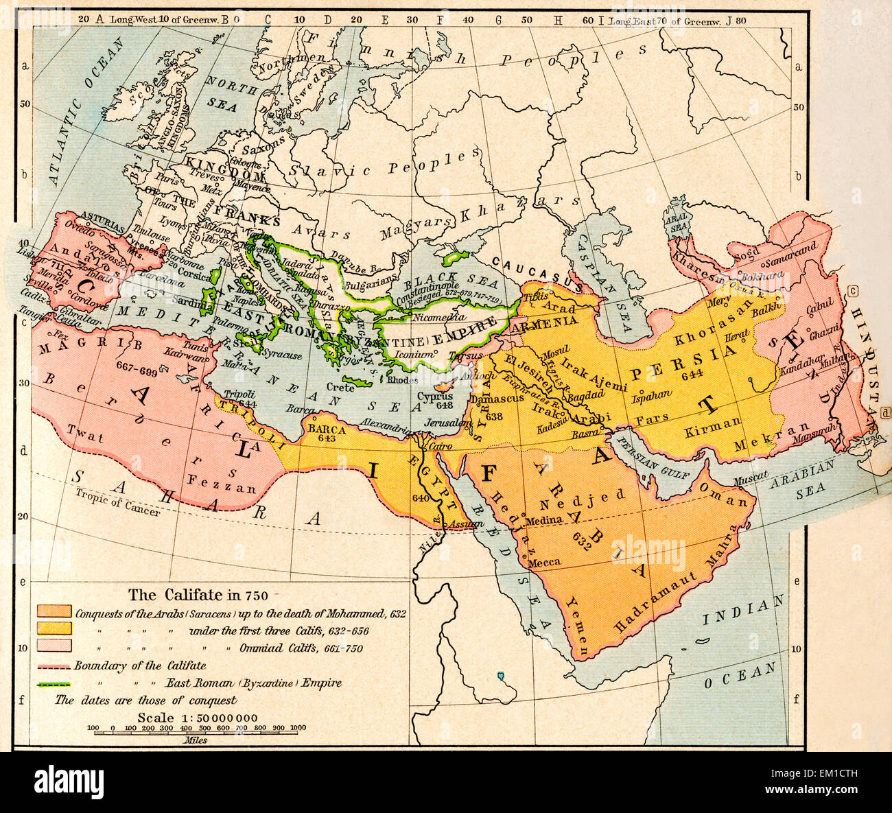 Carte de l'expansion musulmane et l'Empire byzantin à la fin du califat des Omeyyades, en 750. Banque D'Images