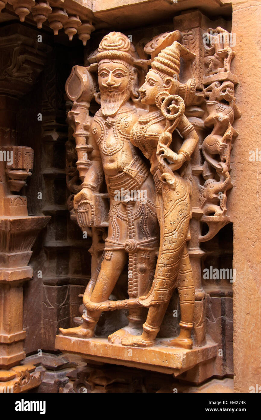 La sculpture décorative de temples Jains, Jaisalmer, Rajasthan, India Banque D'Images