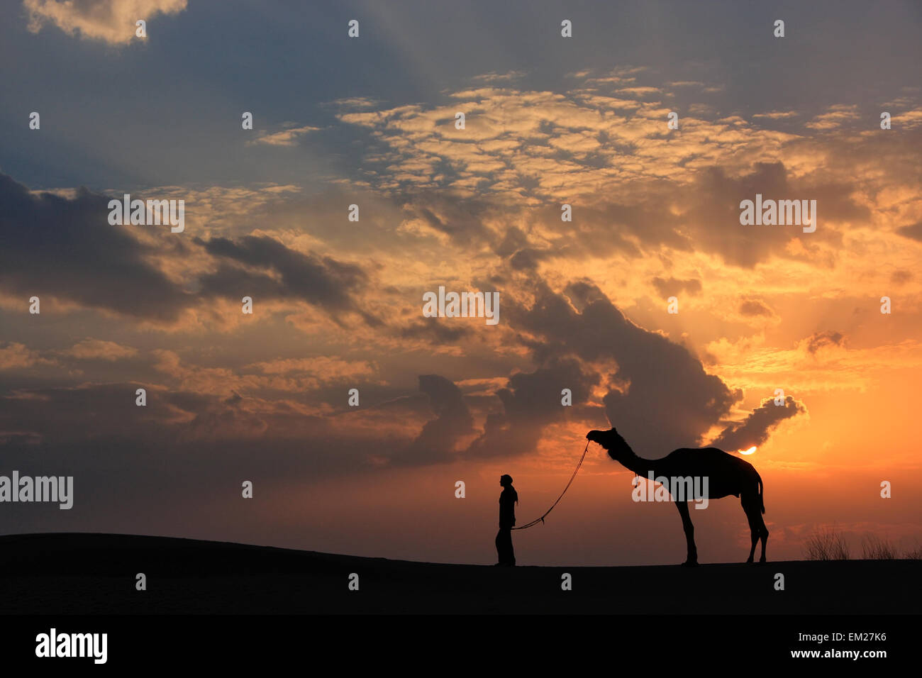 Personne qui se profile avec un chameau au coucher du soleil, désert du Thar près de Jaisalmer, Rajasthan, India Banque D'Images