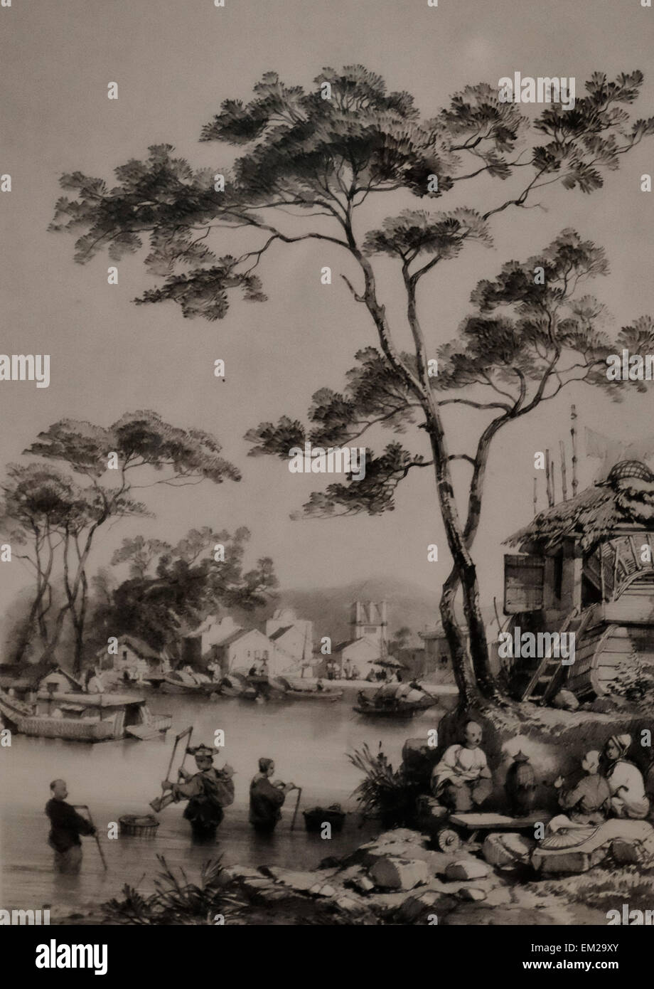 Pearl River, Chine - 19e siècle - Auguste Borget Banque D'Images