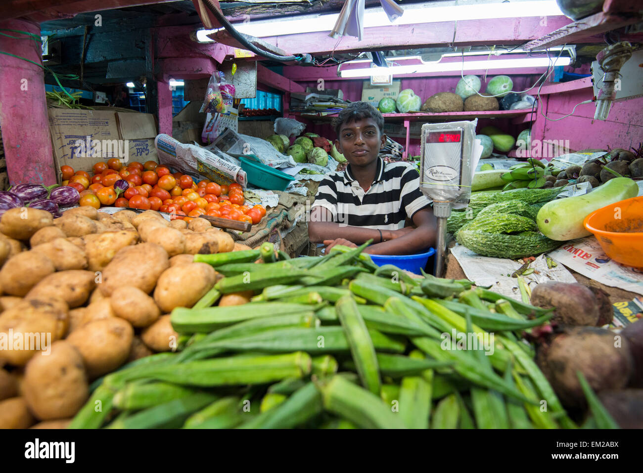 Un jeune garçon travaillant sur un kiosque de légumes sur le marché à Munnar, Kerala, Inde Banque D'Images