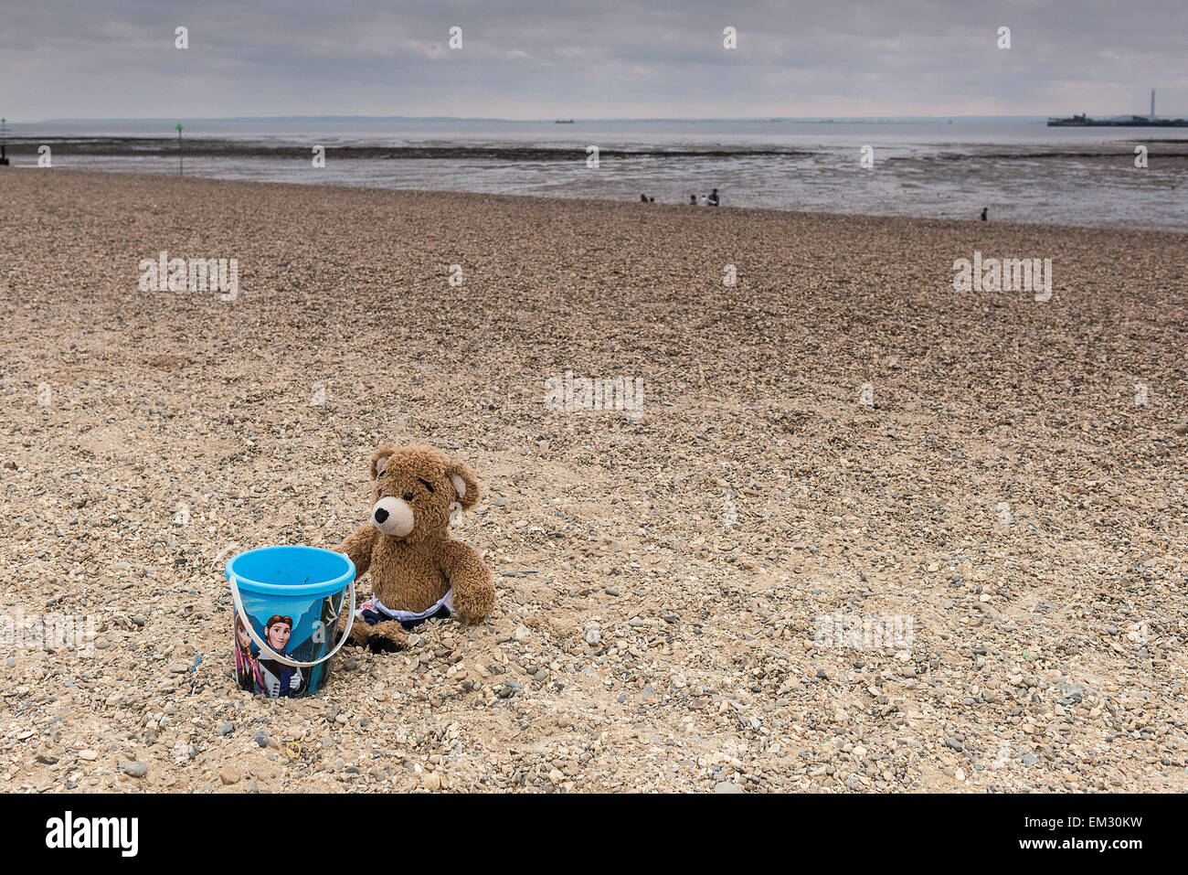 Un ours sur la plage de Jubilee à Southend sur un jour nuageux. Banque D'Images