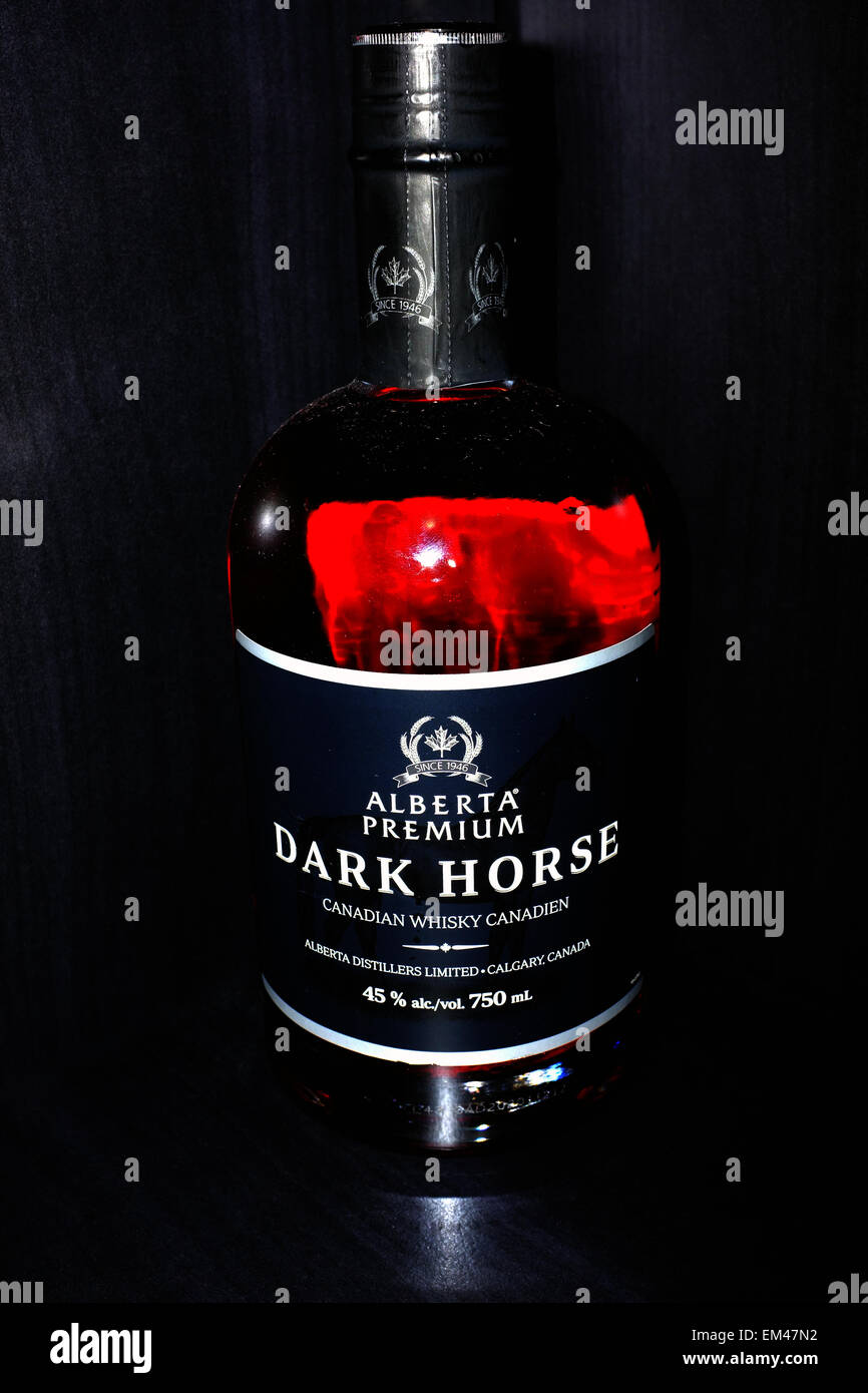 Une bouteille de whisky canadien Dark Horse photographié sur un fond noir. Banque D'Images