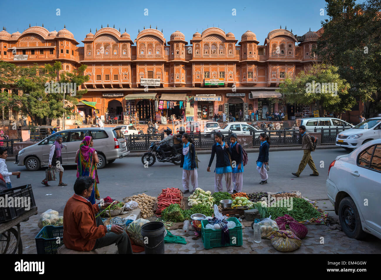 Une rue animée de boutiques et fournisseurs à Jaipur, Rajasthan, Inde Banque D'Images