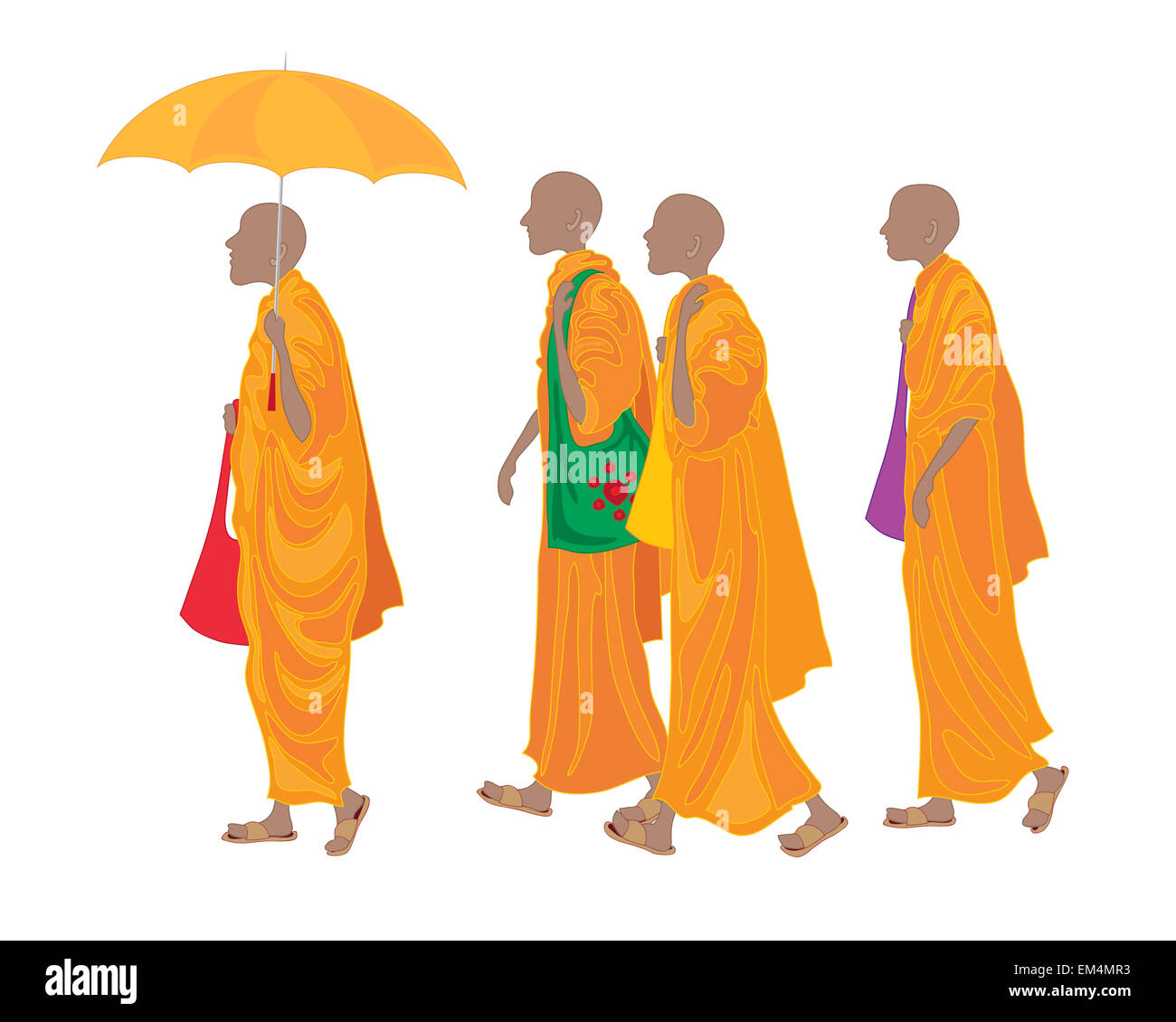 Une illustration d'une ligne de moines bouddhistes à marcher le long de porter des robes orange traditionnel avec des sacs colorés et sandales Banque D'Images