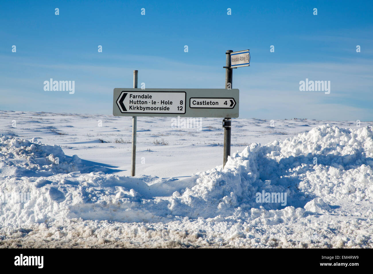 Moorland Road sign dans la neige de l'hiver, North York Moors National Park Banque D'Images