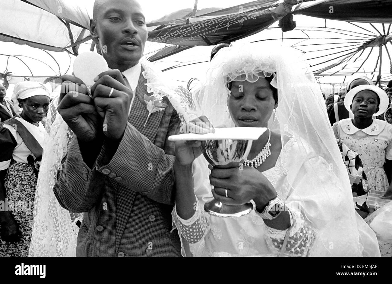 La population catholique de la province rurale de Kitui (Kenya) est d'environ 58  %. Bien que la tradition catholique vient de l'Irlande, le Kenya a sa propre façon de célébrer, mélangé avec d'antiques rituels tribaux, comme Dancing et chants, à la suite par l'ensemble du village. Le livre blanc et la vinaigrette traditionnelle d'un mariage contraste avec la belle peau noire du peuple kenyan, entouré par la ferme conviction des invités. Le marié et la mariée prendre wafer eucharistique. Banque D'Images