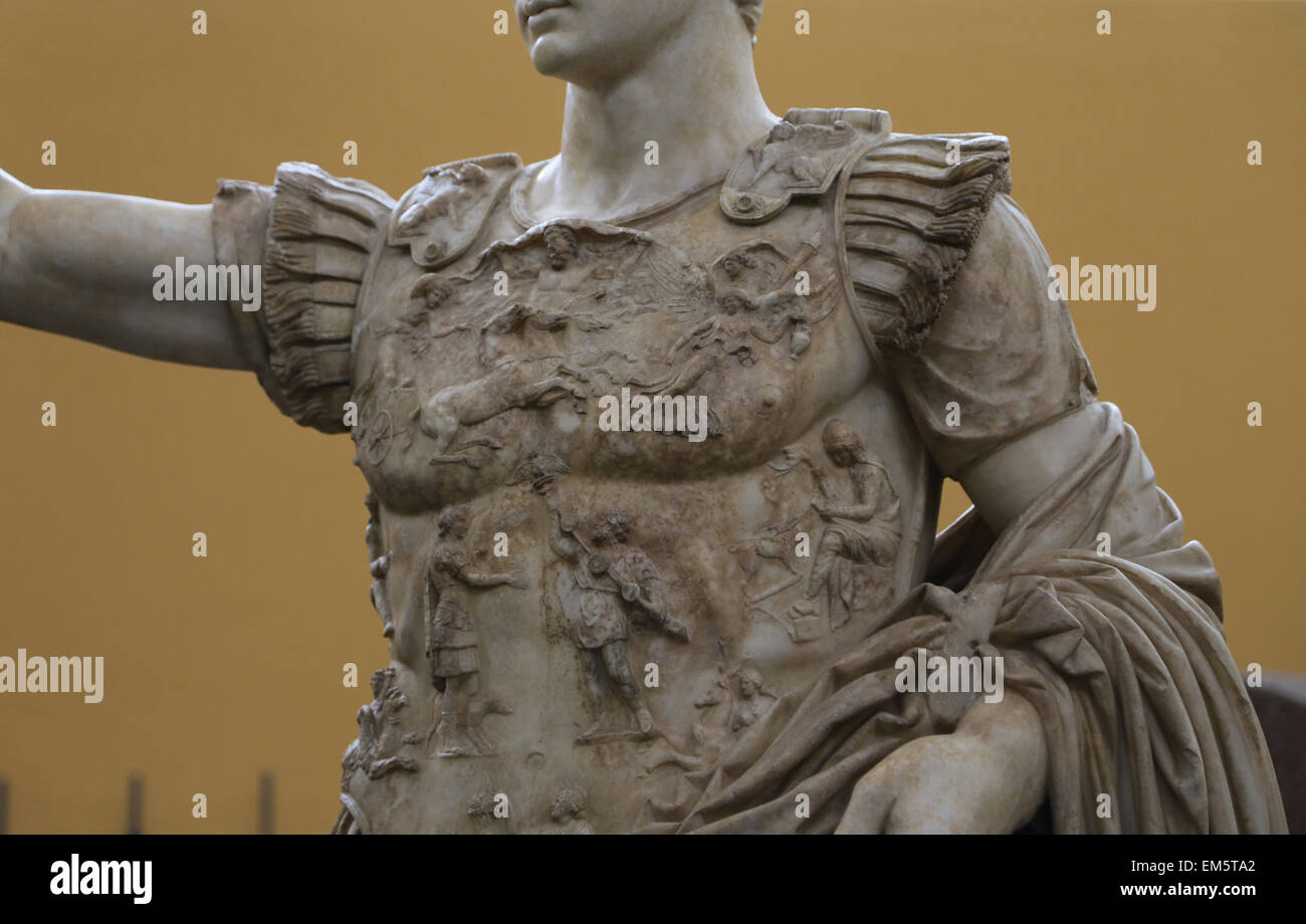 L'art romain Auguste (61 av. J.-C.-14 APR. Premier Empereur de l'Empire romain. Statue en marbre d'Auguste de Prima Porta. (1er siècle). V Banque D'Images L'art romain Auguste (61 av. J.-C.-14 APR. Premier Empereur de l'Empire romain. Statue en marbre d'Auguste de Prima Porta. (1er siècle). V Banque D'Images