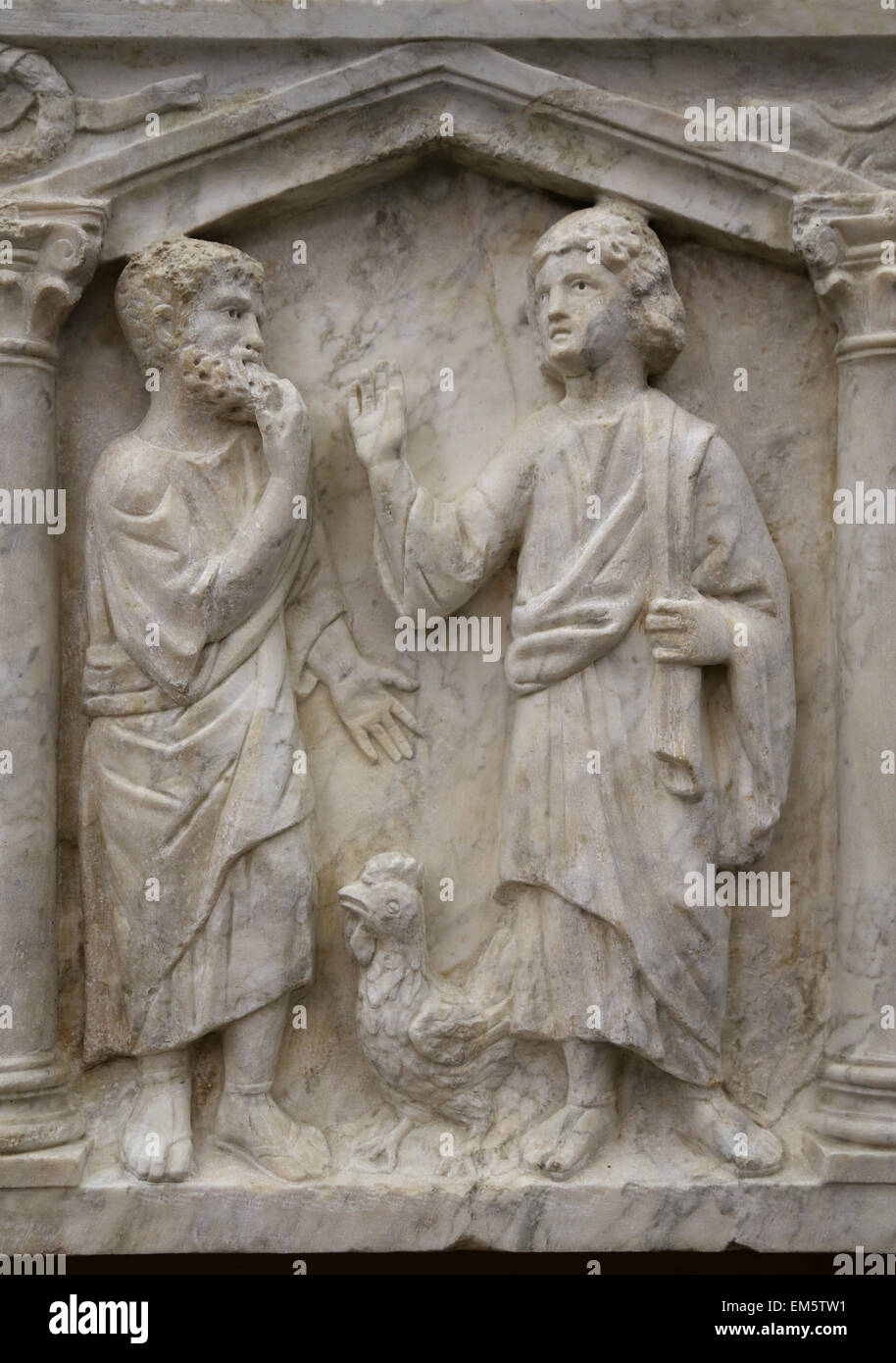 Cristian-Roman. L'avant du sarcophage en colonnes avec des scènes bibliques. 350-375 AD. Prédiction de la dénégation. Musées du Vatican Banque D'Images