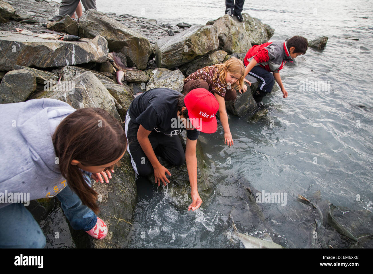 Les enfants et les captures de saumon jeter sur l'accès à la porte de Salomon Gulch Hatchery près de Valdez, en Alaska. Banque D'Images