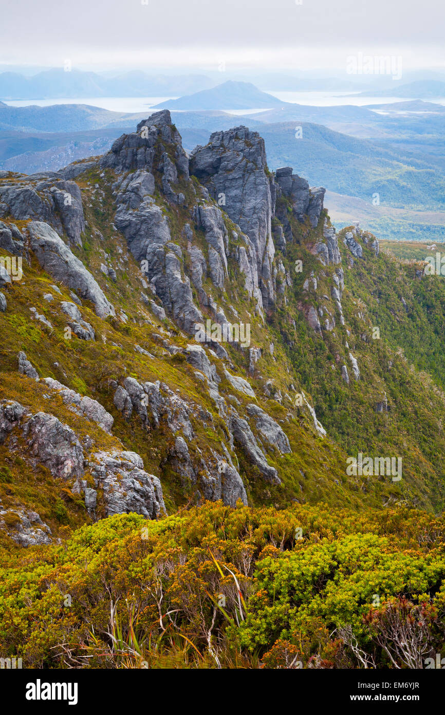 Vue de l'ouest du lac Pedder de la gamme Arthur - Southwest National Park - Tasmanie - Australie Banque D'Images