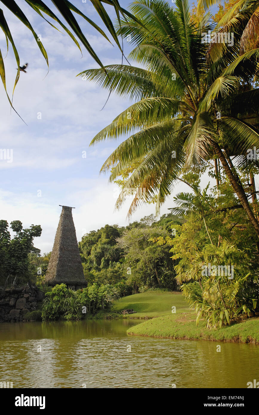 Fidji, Viti Levu, Coral Coast, à Pacific Harbour, Grand bure par riverbank ; Arts Village Banque D'Images