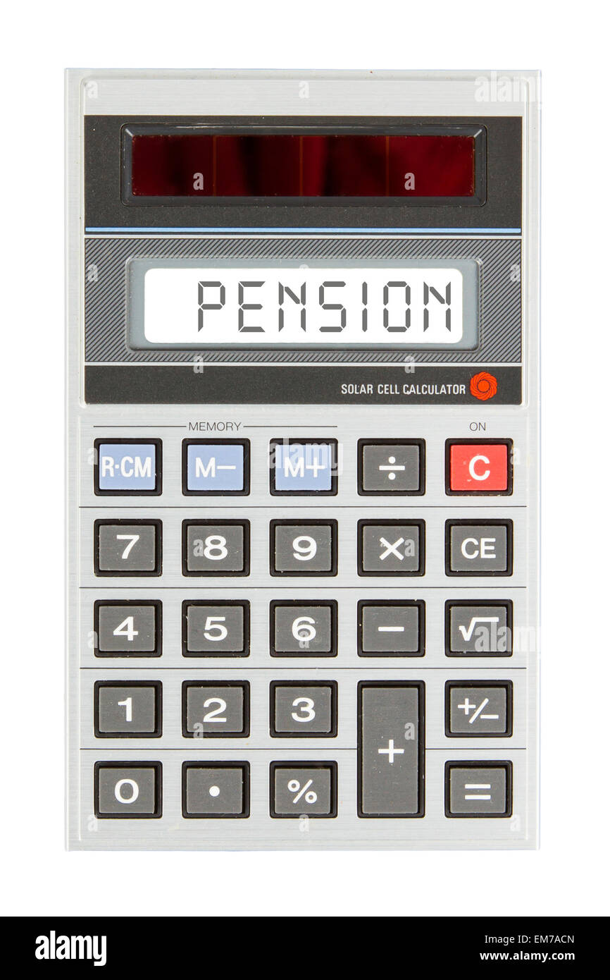 Vieille calculatrice montrant un texte sur l'affichage - pension Banque D'Images