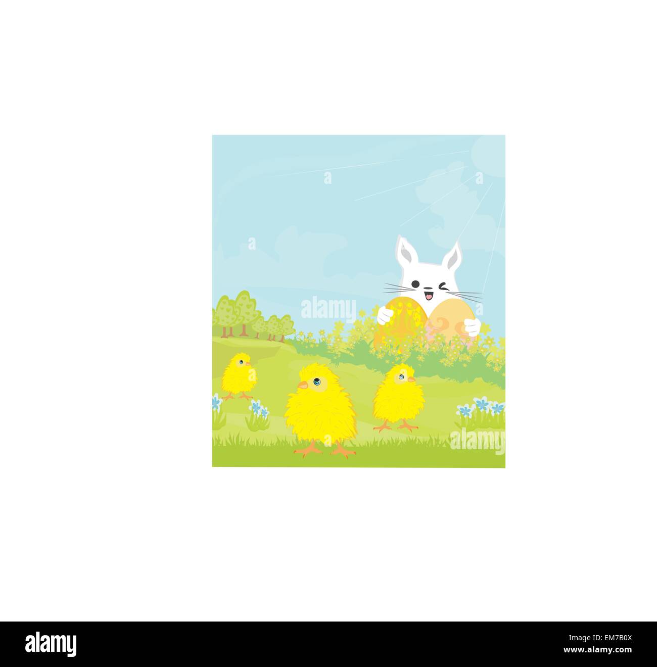 Carte de souhaits avec lapin de Pâques et sweet chicks Illustration de Vecteur