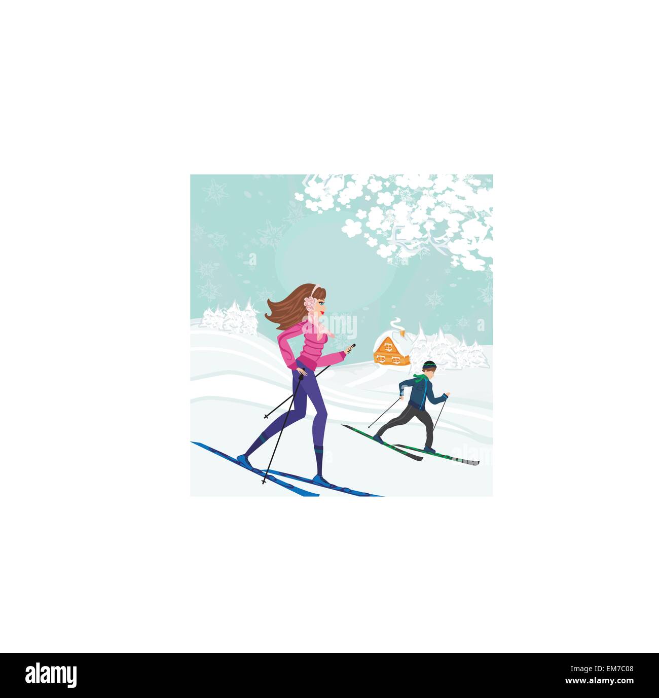 Couple déménage à ski Illustration de Vecteur