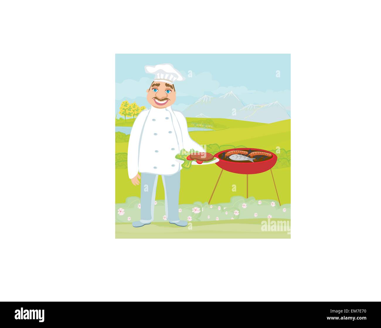 Smiling chef viande grillades Illustration de Vecteur