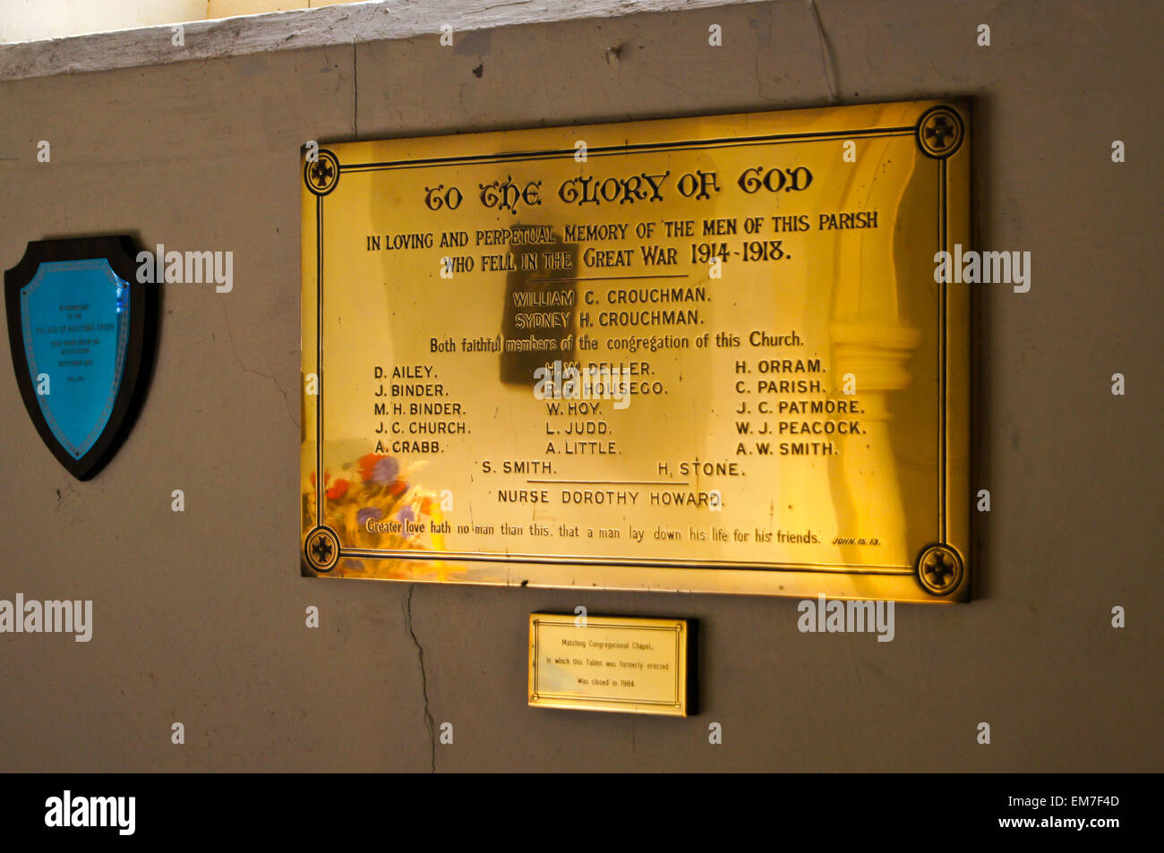 Grande Guerre plaque commémorative dans l'église de la Vierge Marie, appariement , Essex, Angleterre Banque D'Images