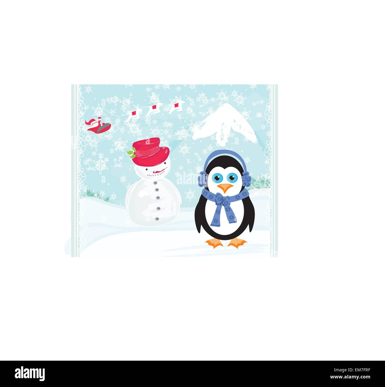 Carte de Noël avec un pingouin,le père noël et bonhomme de neige Illustration de Vecteur