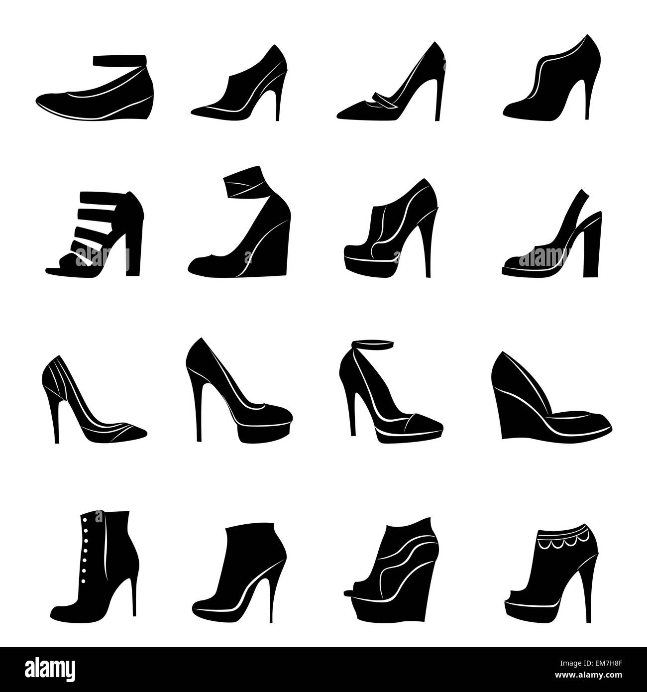 Ensemble de seize modèles de chaussures femmes élégantes Illustration de Vecteur