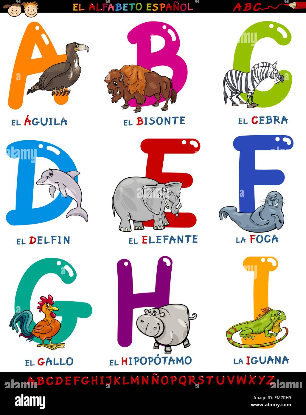Mot Qui Commence Par A En Espagnol Cartoon alphabet espagnol avec des animaux Image Vectorielle Stock - Alamy