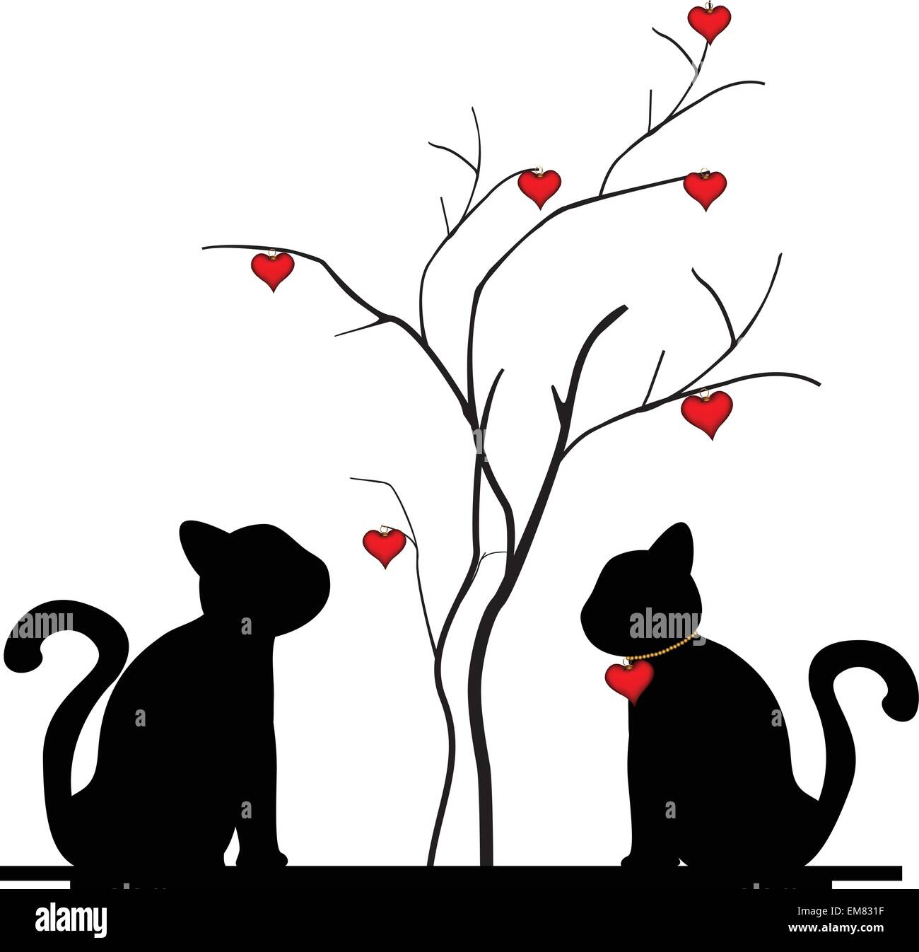 Silhouette de chat et d'un arbre de l'amour Illustration de Vecteur