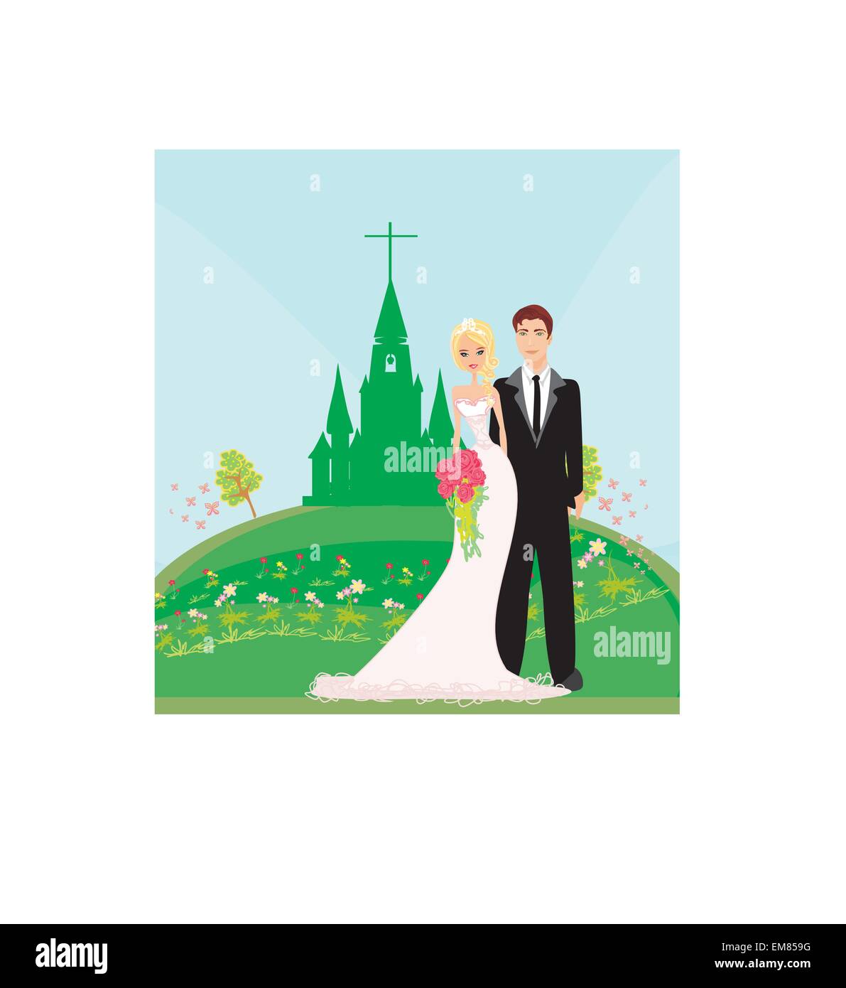 Couple de mariage devant une église Illustration de Vecteur