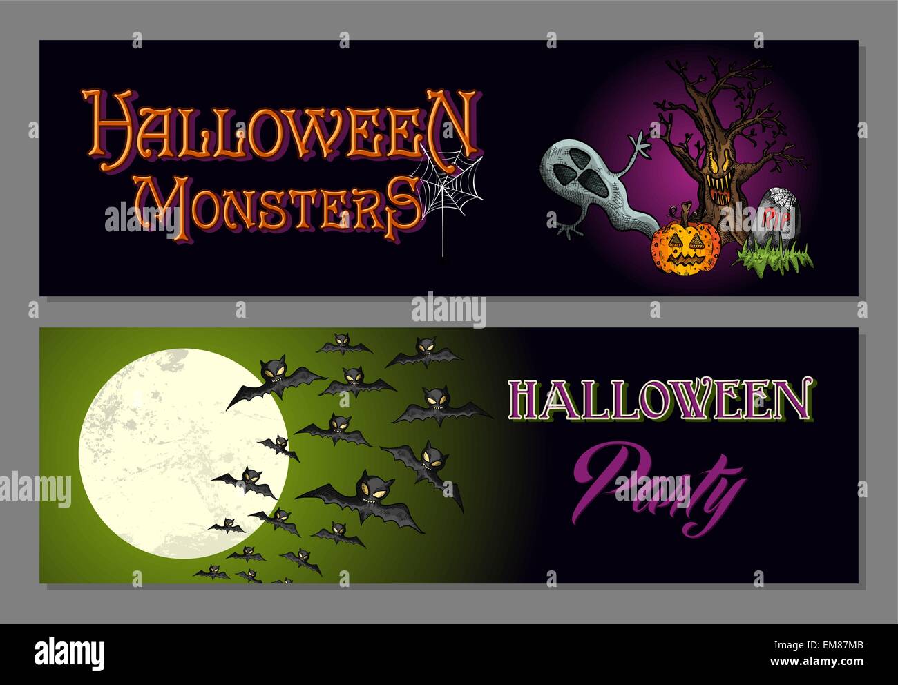 Monstres Halloween heureux partie bannières web définir le fichier EPS10. Illustration de Vecteur