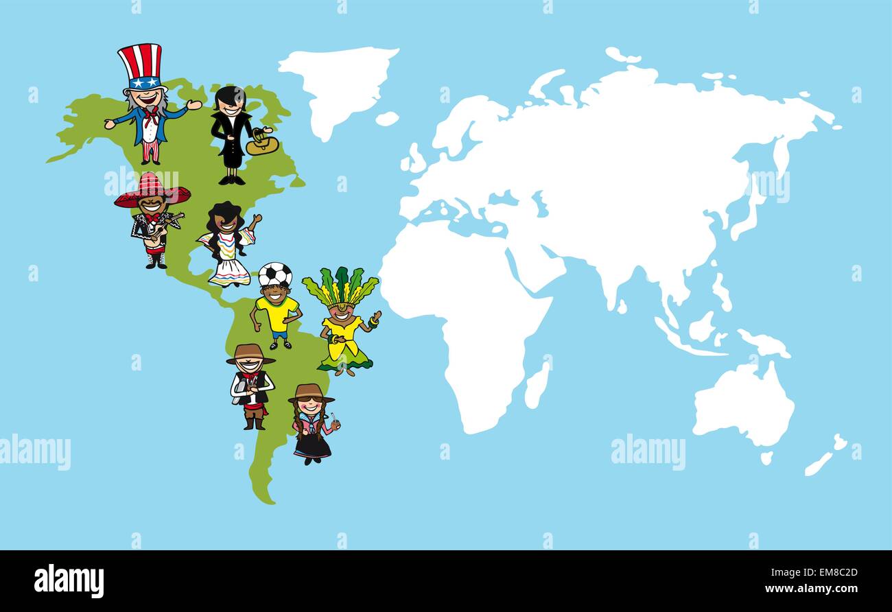 Les Gens De L Amerique Carte Du Monde Des Dessins Animes Illustration De La Diversite Image Vectorielle Stock Alamy