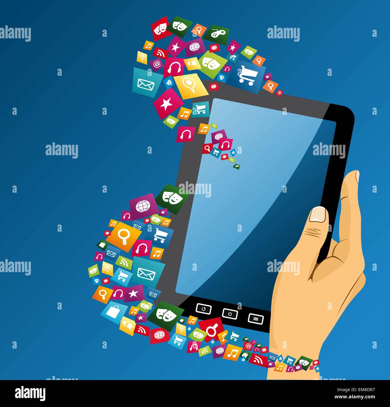 La main de l'ordinateur tablette avec icônes de médias sociaux. Illustration de Vecteur