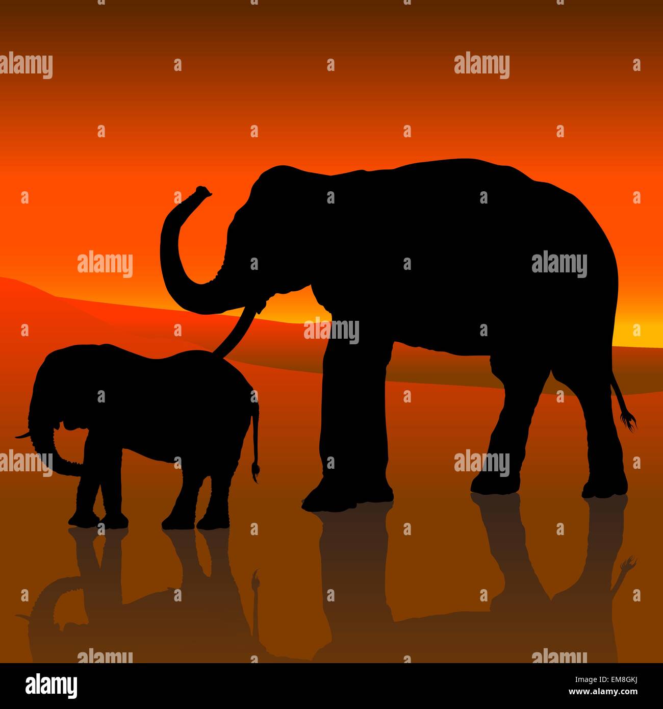 Les éléphants et le Red Sky Illustration de Vecteur