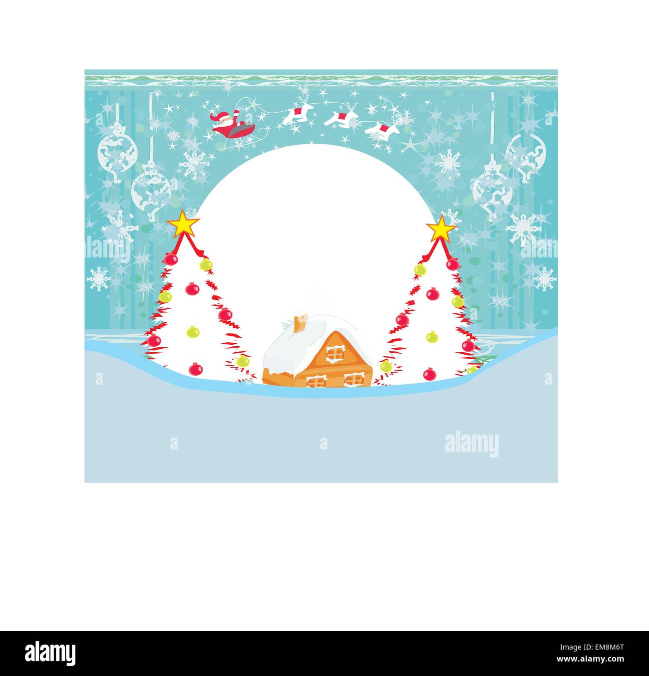 Paysage d'hiver avec les rennes, house et Santa Illustration de Vecteur