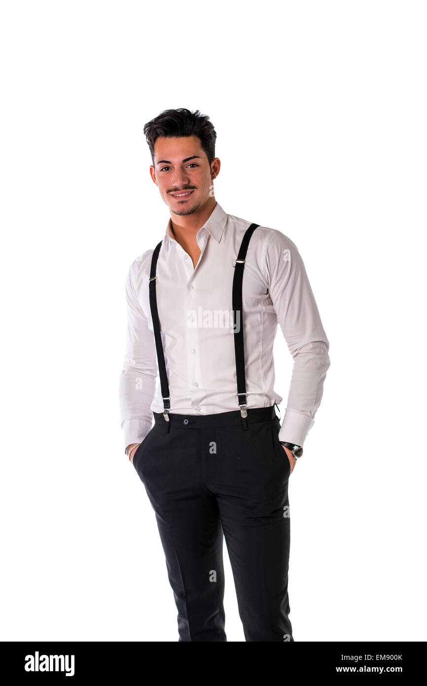 Beau jeune homme élégant costume d'affaires, avec des bretelles, smiling  Photo Stock - Alamy