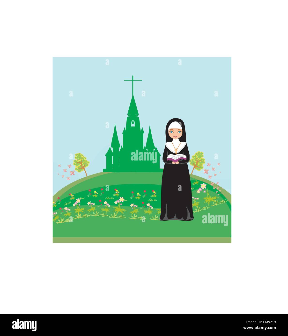 Nun priant devant l'église Illustration de Vecteur