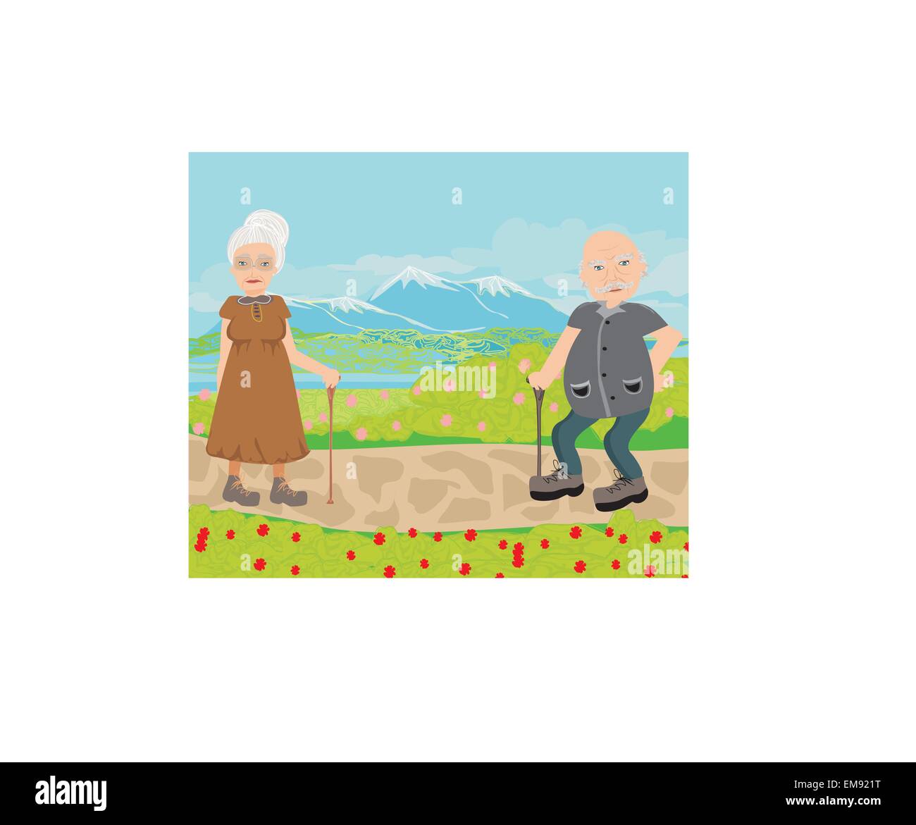 Senior couple walking in sunny day Illustration de Vecteur